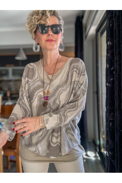 Pinsa Dalga Desen Kolyeli İtalyan Bluz Takım Beige