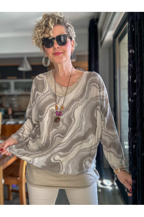 Pinsa Dalga Desen Kolyeli İtalyan Bluz Takım Beige