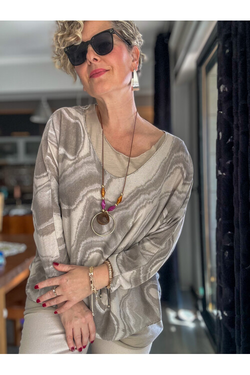 Pinsa Dalga Desen Kolyeli İtalyan Bluz Takım Beige