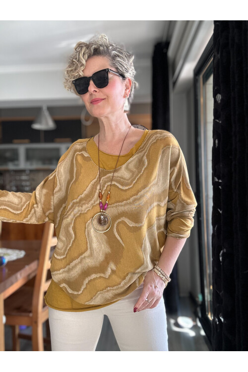 Pinsa Dalga Desen Kolyeli İtalyan Bluz Takım Hardal