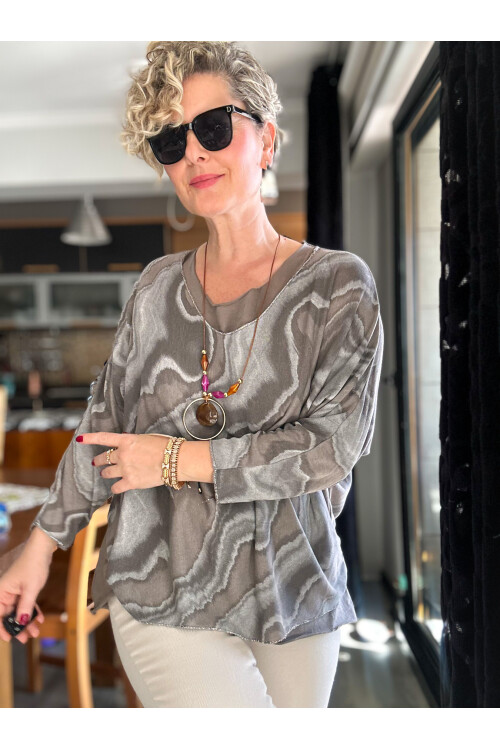 Pinsa Dalga Desen Kolyeli İtalyan Bluz Takım Vizon