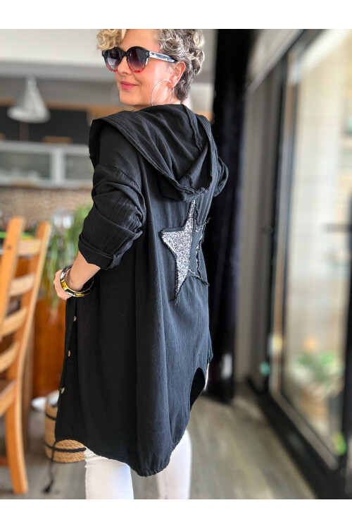 Que Tasarım Arka Star Pul Detay Kapşon Ceket Siyah