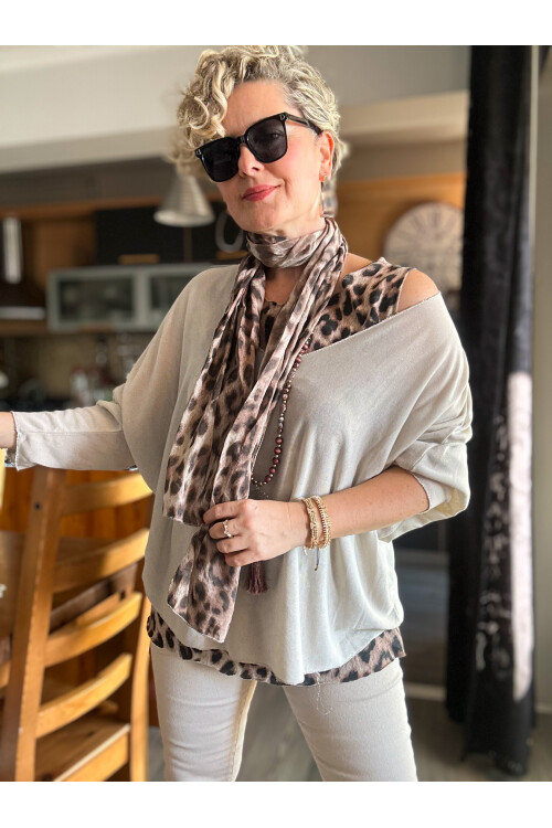 Roberta İtalyan Safari Desen Fularlı Atletli Triko Takım Beige