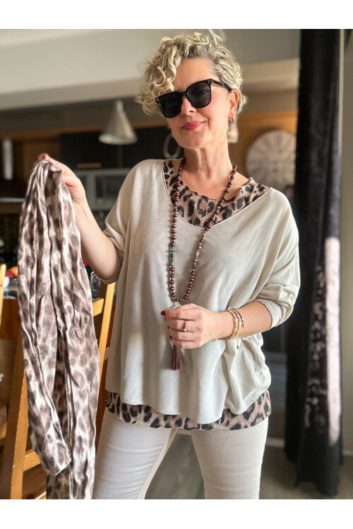 Roberta İtalyan Safari Desen Fularlı Atletli Triko Takım Beige