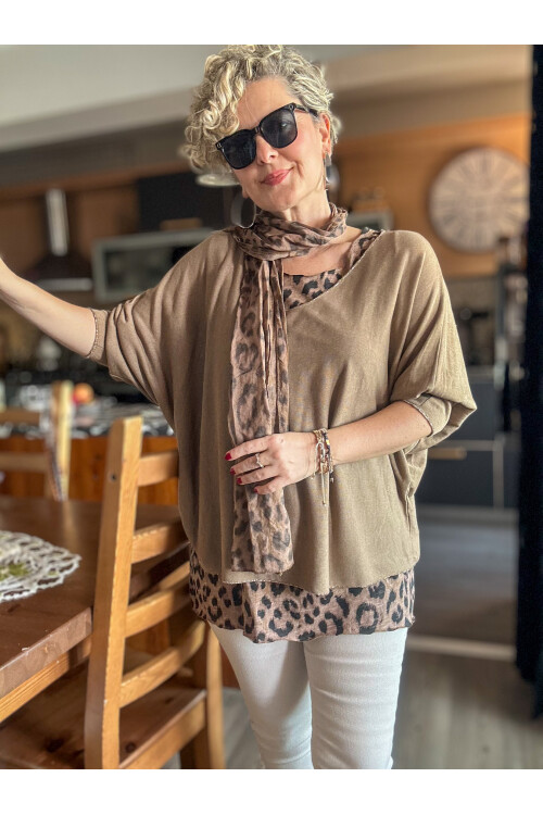 Roberta İtalyan Safari Desen Fularlı Atletli Triko Takım Cappuccino