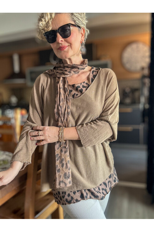 Roberta İtalyan Safari Desen Fularlı Atletli Triko Takım Cappuccino