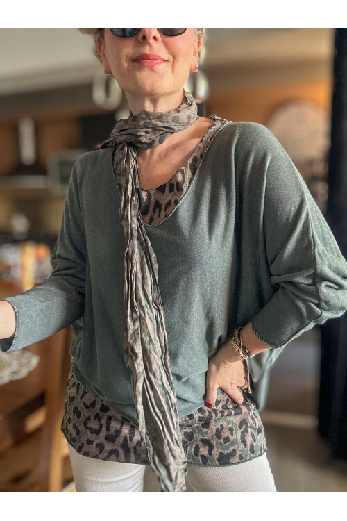 Roberta İtalyan Safari Desen Fularlı Atletli Triko Takım Haki