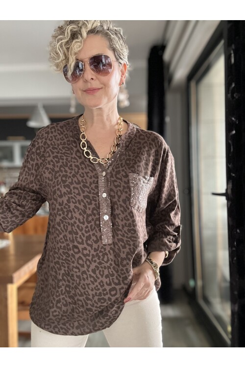 Santa Pul Detaylı Leopar Desen Gömlek Kahve