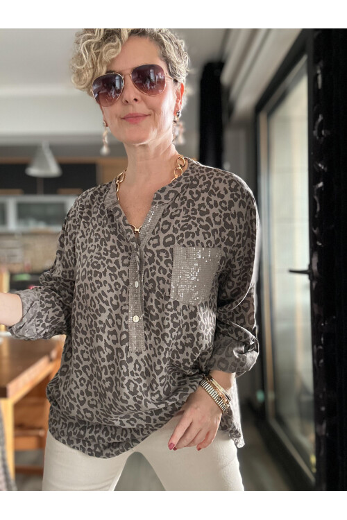 Santa Pul Detaylı Leopar Desen Gömlek Vizon