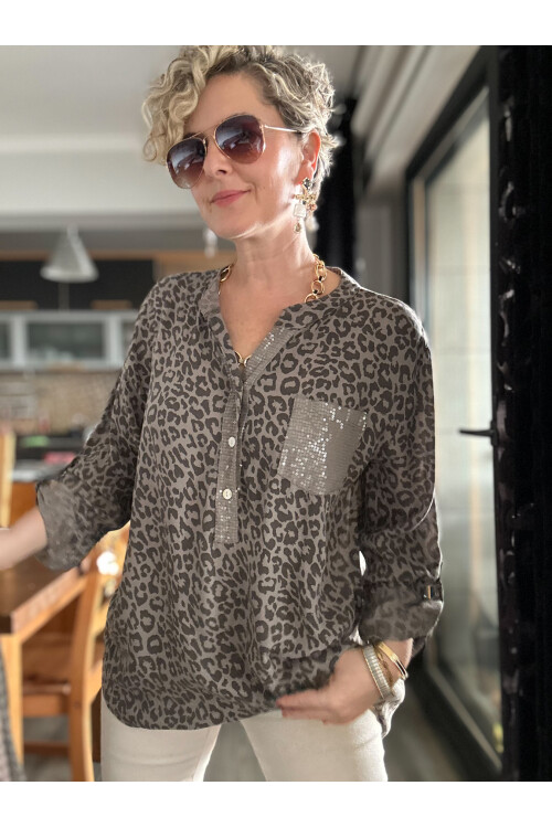 Santa Pul Detaylı Leopar Desen Gömlek Vizon