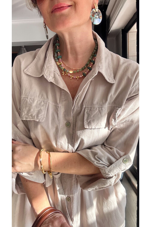 Savi İtalyan Gömlek Yaka İnce Fitil Kadife Elbise Taş