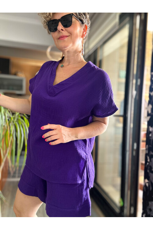 Siena Müslin Şort Bluz Takım Mor