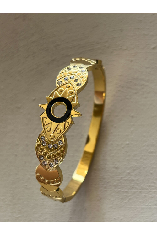 Siyah Güneş Taş Oyma Çelik Bileklik