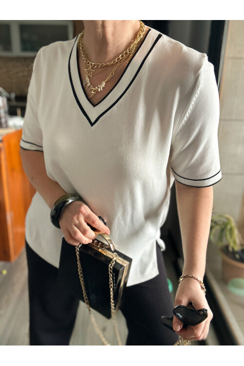 Terry  V Yaka Ve Kol Çizgili Triko Bluz Ekru