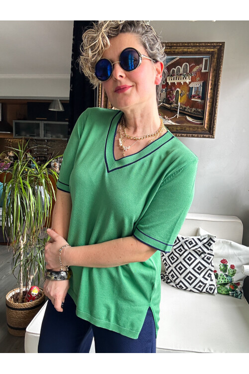 Terry  V Yaka Ve Kol Çizgili Triko Bluz Yeşil