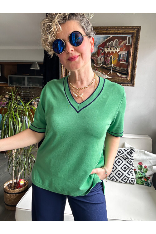 Terry  V Yaka Ve Kol Çizgili Triko Bluz Yeşil