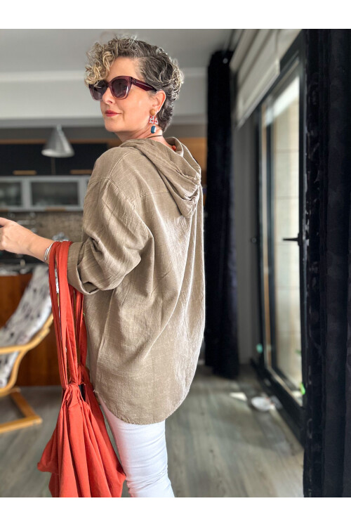 Toby Tasarım Kanguru Cep Kapşon Detay Bluz Vizon