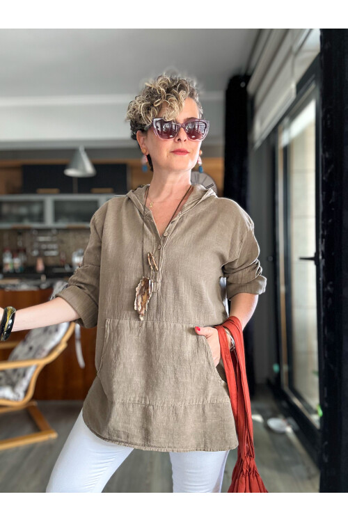 Toby Tasarım Kanguru Cep Kapşon Detay Bluz Vizon