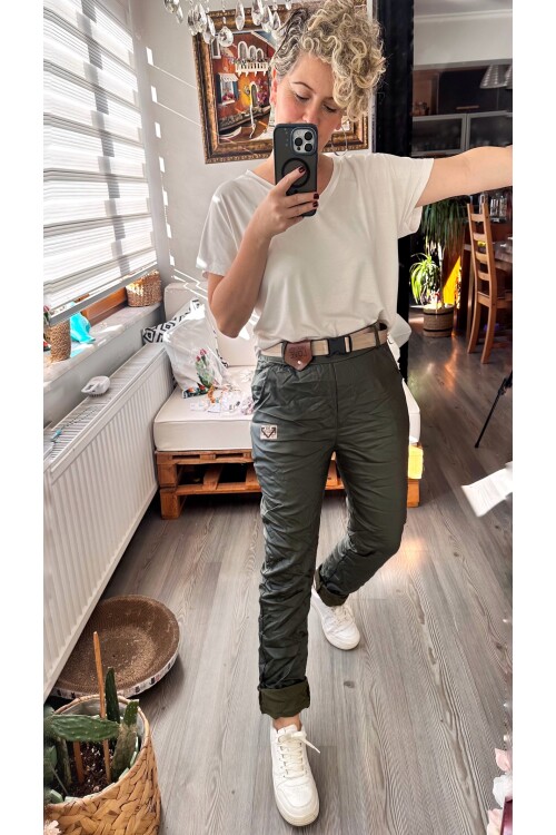 Toscani İtalyan Love Kemerli Deri Pantolon Haki