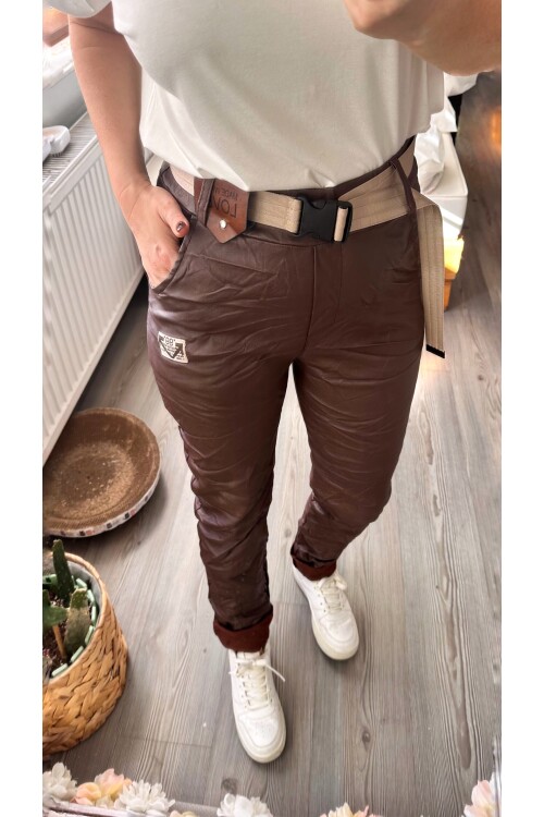 Toscani İtalyan Love Kemerli Deri Pantolon Kahve