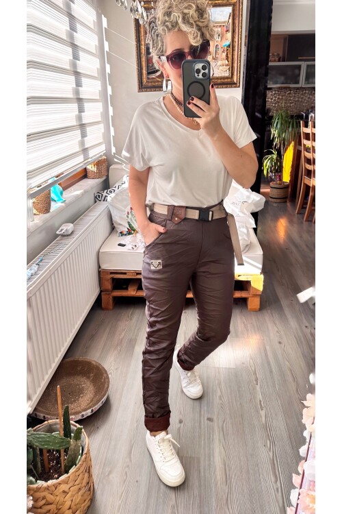 Toscani İtalyan Love Kemerli Deri Pantolon Kahve