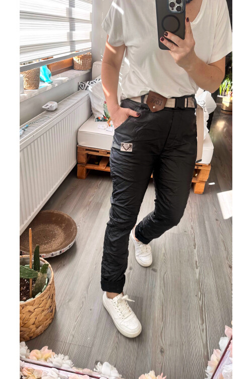 Toscani İtalyan Love Kemerli Deri Pantolon Siyah