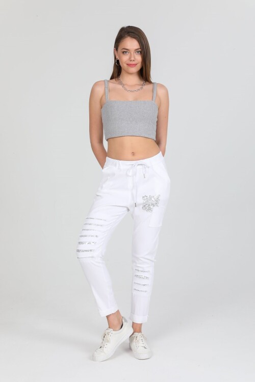 Tucci İtalyan Sihirli Payet Detay Pantalon Beyaz