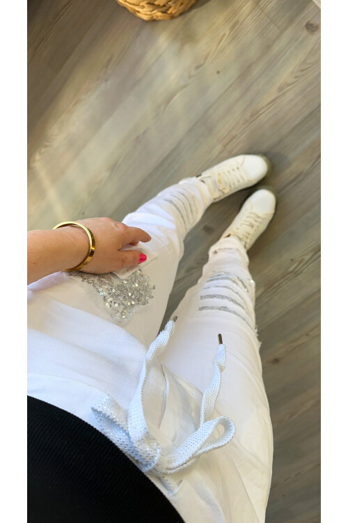 Tucci İtalyan Sihirli Payet Detay Pantalon Beyaz