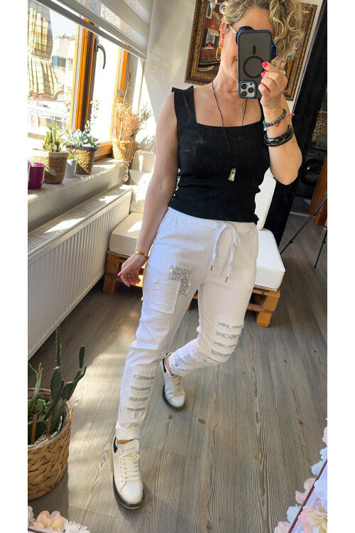 Tucci İtalyan Sihirli Payet Detay Pantalon Beyaz