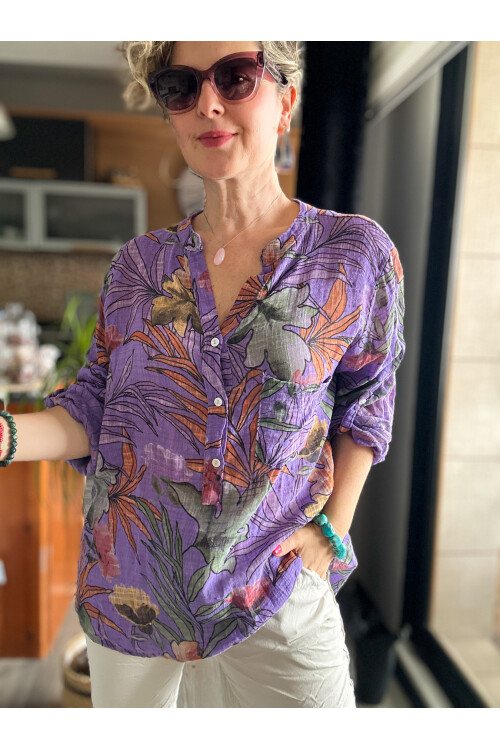 Vektör Yaprak Desen İtalyan Gömlek Mor