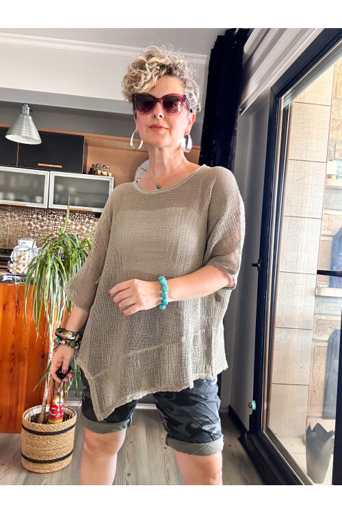 Vera Tasarım Asimetrik File Bluz Haki