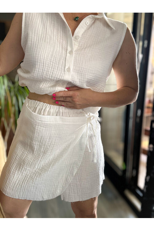 Verte Tasarım Şort Etek Bluz Takım Beyaz