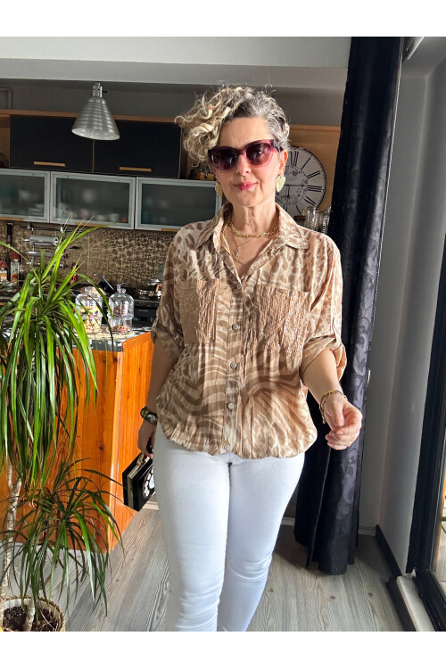 Vespa Leopar Pul Detaylı Tasarım Gömlek Vizon