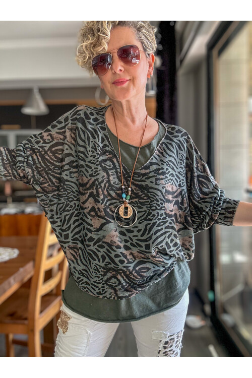 Vino İtalyan Kaplan Desen Kolyeli Bluz Takım Haki
