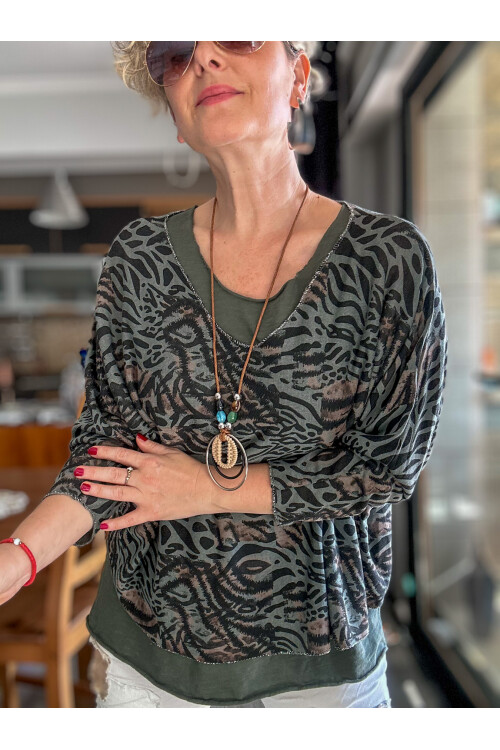 Vino İtalyan Kaplan Desen Kolyeli Bluz Takım Haki