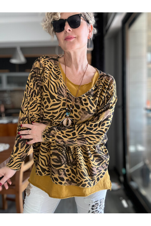 Vino İtalyan Kaplan Desen Kolyeli Bluz Takım Hardal