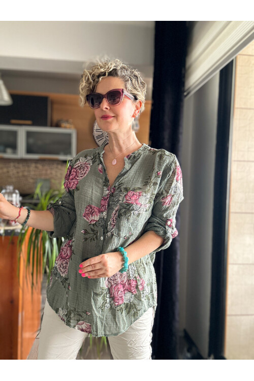 Viola Gonca Gül Desen İtalyan Gömlek Haki Yeşil