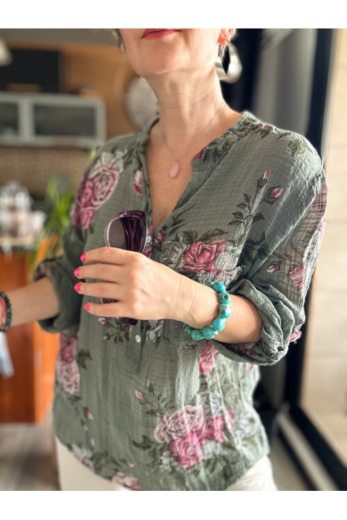 Viola Gonca Gül Desen İtalyan Gömlek Haki Yeşil