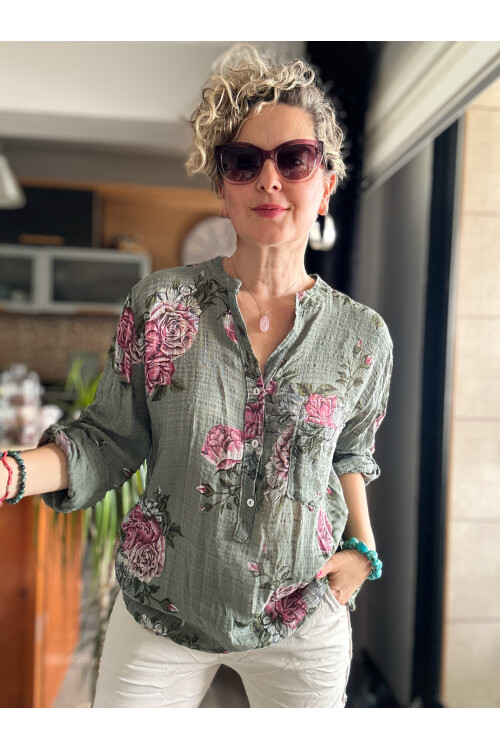 Viola Gonca Gül Desen İtalyan Gömlek Haki Yeşil