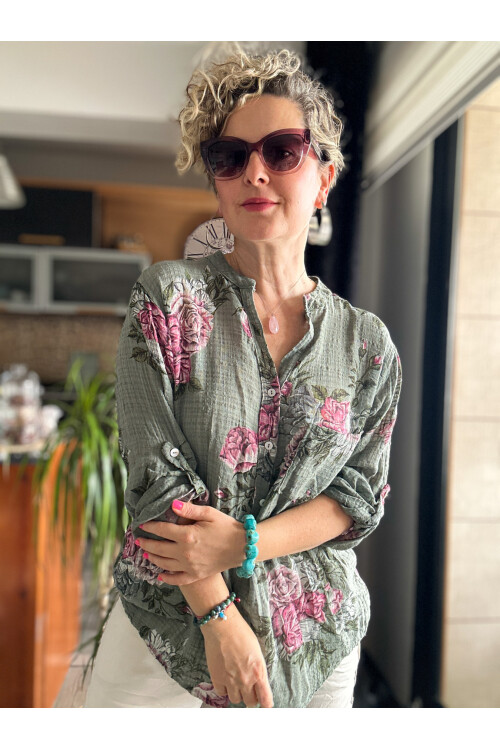 Viola Gonca Gül Desen İtalyan Gömlek Haki Yeşil