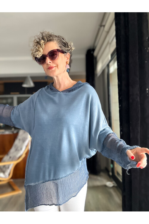 Volare Fileli Uzun Kol Asimetrik Kesim Bluz İndigo