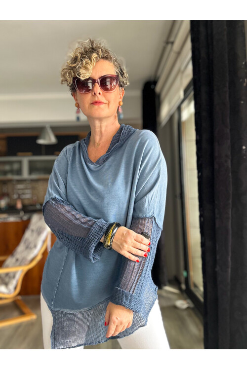 Volare Fileli Uzun Kol Asimetrik Kesim Bluz İndigo