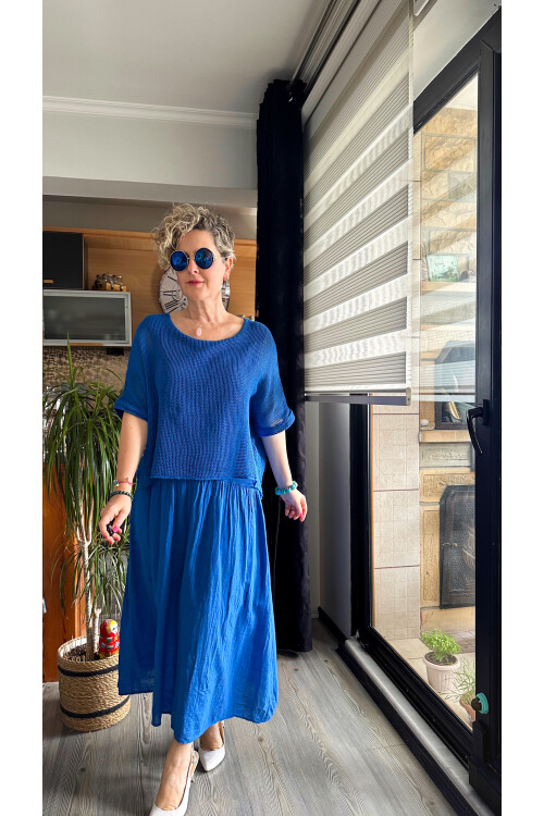 Abitare İtalyan Fisto File Detay Vip Elbise Saks Mavi