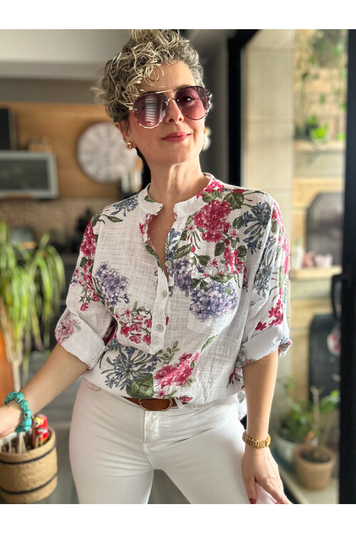 Alto Ortanca Desen İtalyan Gömlek Beyaz