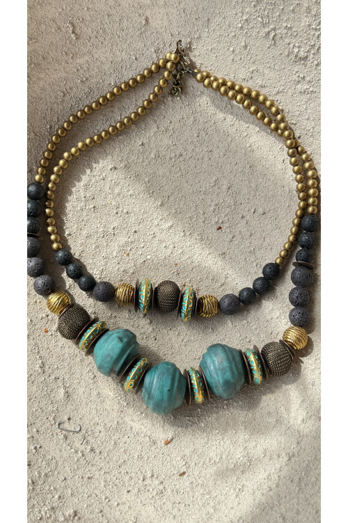 Anella Pirinç Doğal Taş Etnik Kolye Mavi