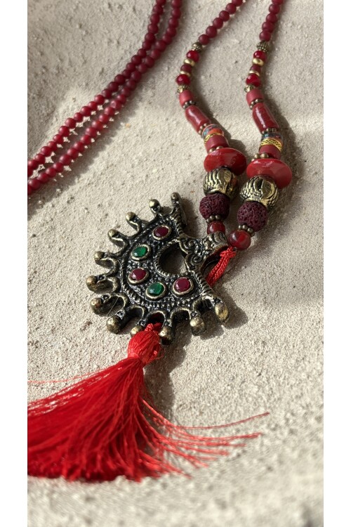 Aranya Pirinç Cam Etnik Kolye