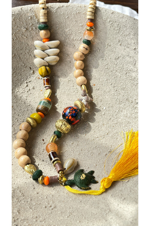 Asorn Pirinç Cam Etnik Kolye