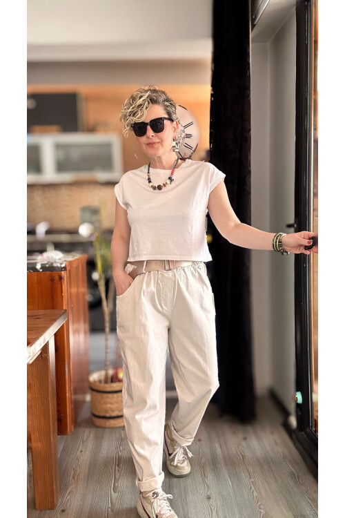 Betty İtalyan Balon Kemerli Pantolon Beige