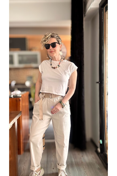 Betty İtalyan Balon Kemerli Pantolon Beige
