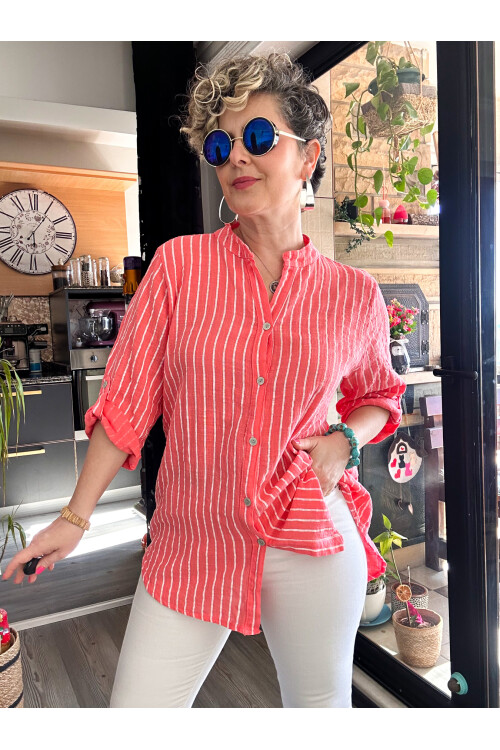 Bippa Çizgili Desen İtalyan Gömlek Mercan